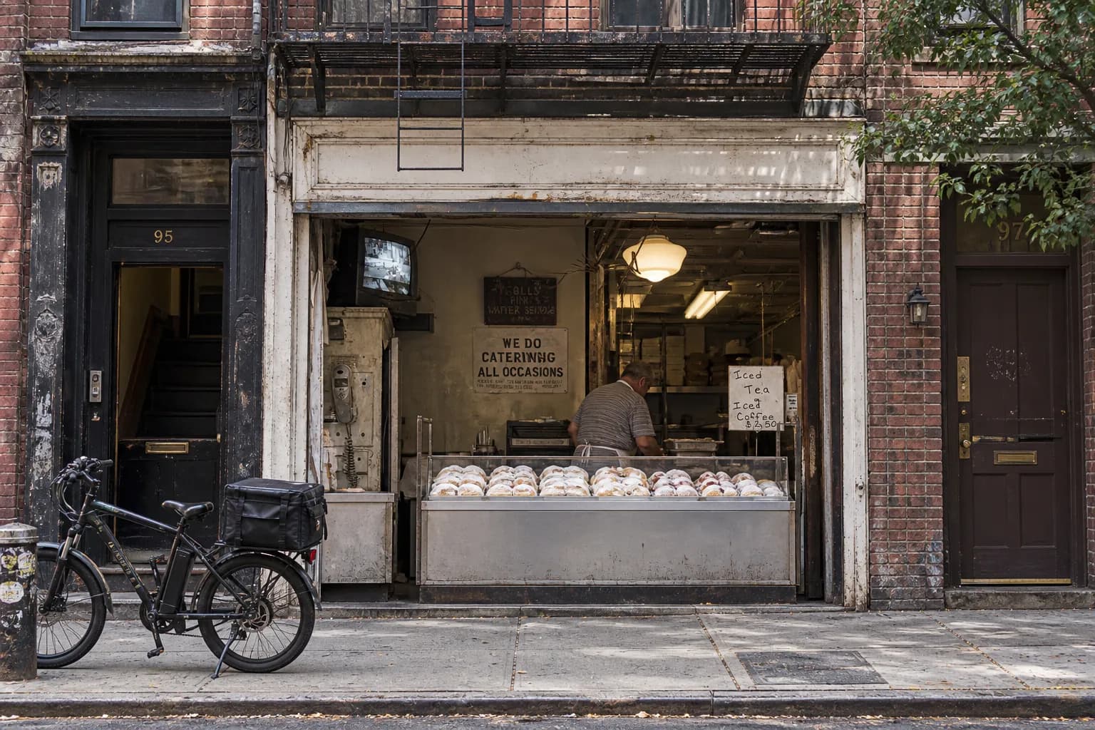 A narrow hand-painted shopfront on a wide Lower East Side street photographed flat-on in bright overcast afternoon light