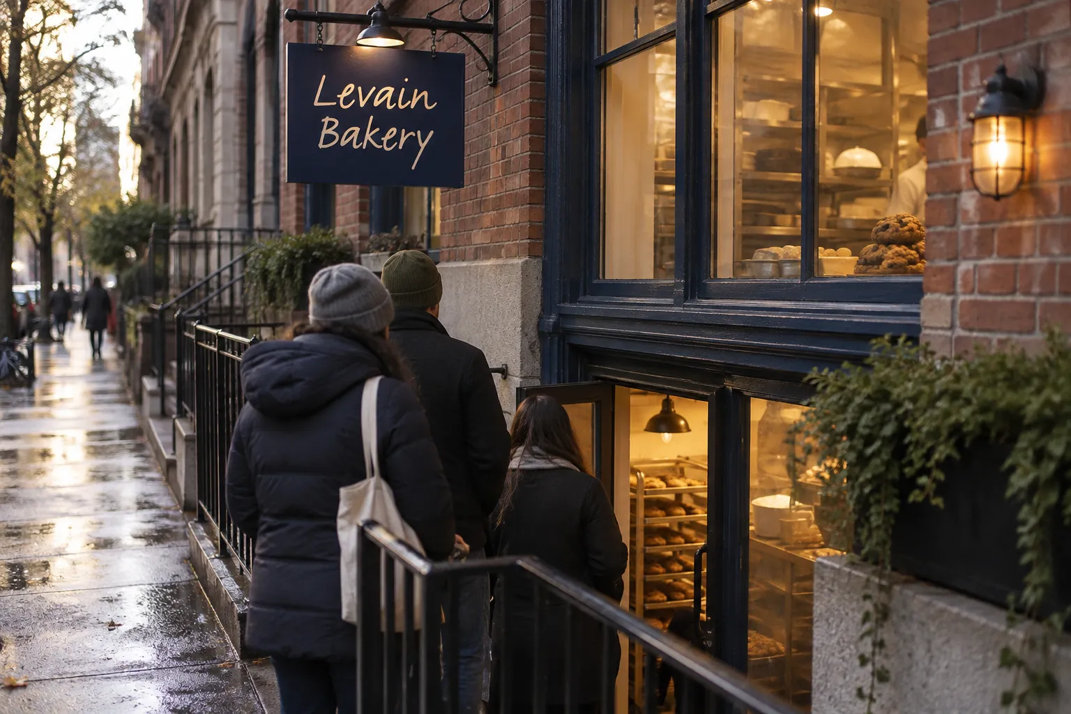 The below-street-level entrance of a small Upper West Side bakery early in the morning, warm oven light coming up from the basement room and a short queue at the railing
