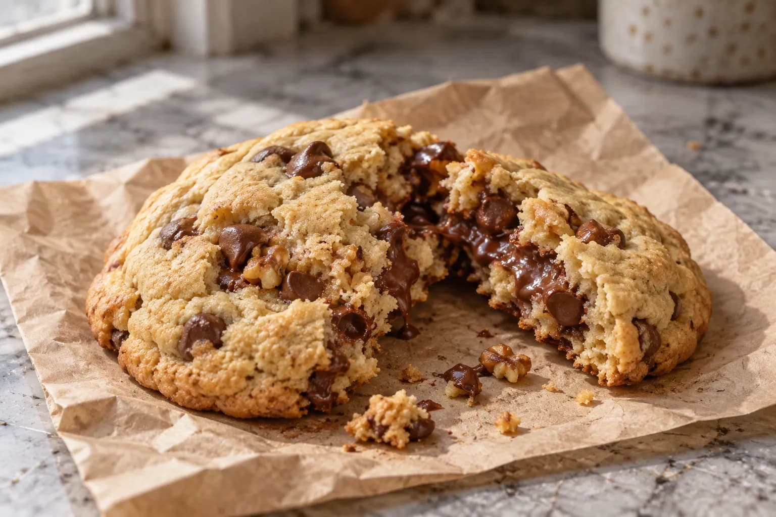 An oversized domed chocolate chip walnut cookie broken in half on a paper bag, the torn edge showing a barely-set centre