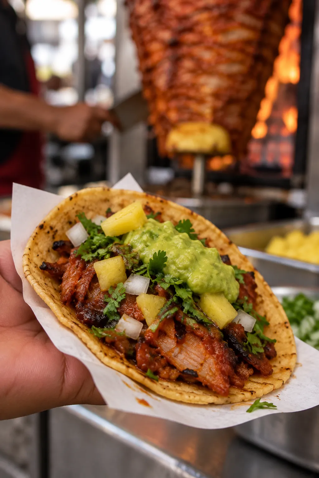 Close view of a hand-pressed corn tortilla being filled with adobada pork shaved from a vertical spit, topped with pineapple, onion and coriander