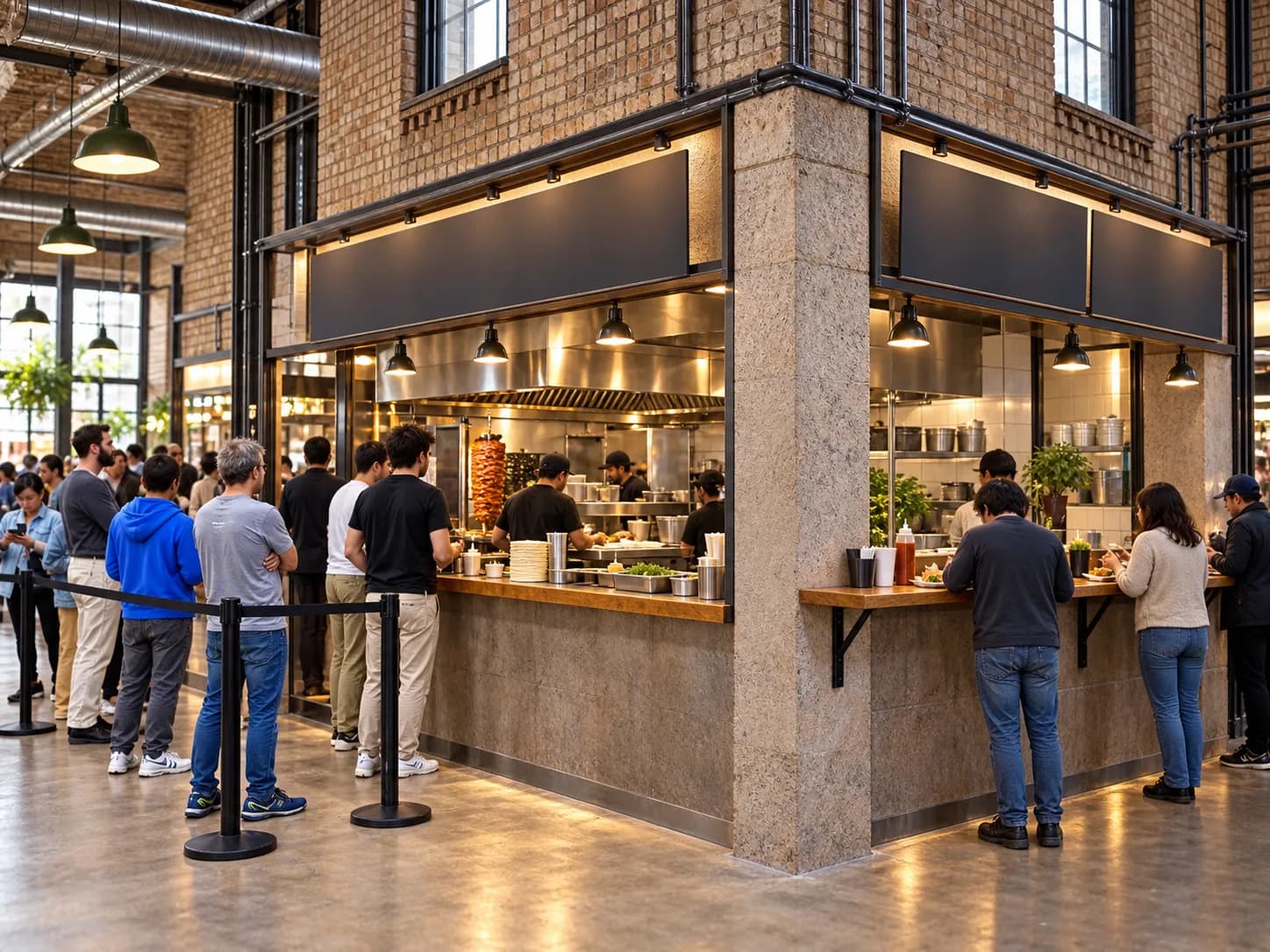 Busy standing-room taco counter inside a converted brick market hall with overhead menu boards and diners eating at a narrow shelf along the wall