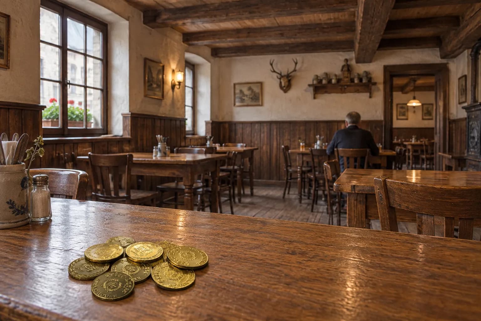 A plain old beer-hall dining room in mid-afternoon with bare scrubbed wooden tables, low ceiling beams and flat daylight from a street window