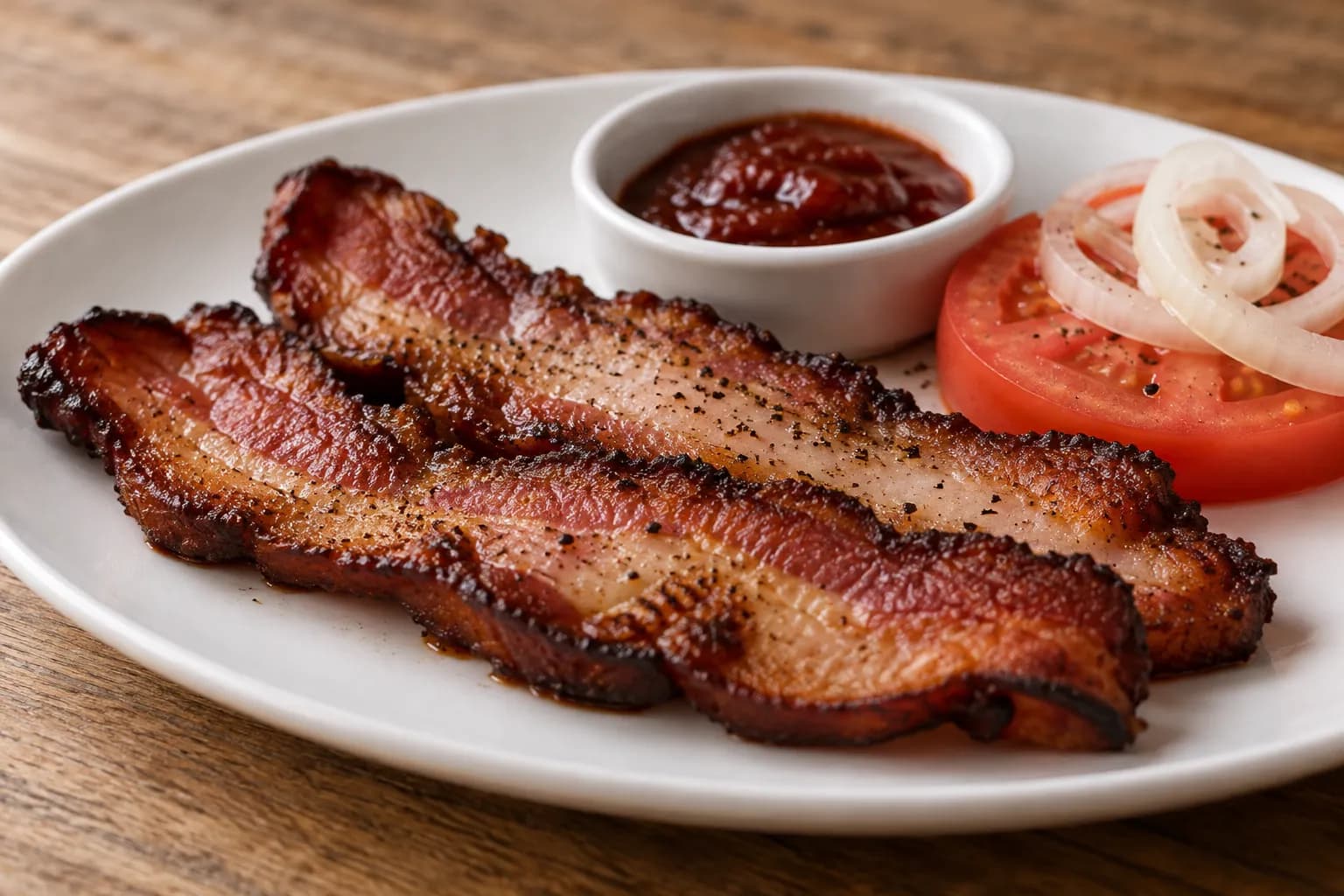 Two very thick slices of bacon crisped at the edges on a plain white plate beside a dish of dark red sauce and a thick tomato slice with raw onion
