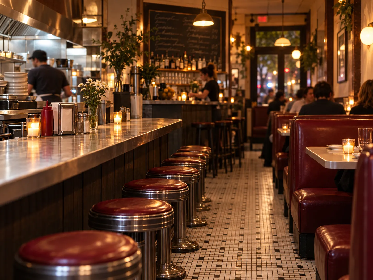 Interior of a converted East Village diner with a long counter, vinyl booths, tiled floor and a hand-written daily menu board near the bar