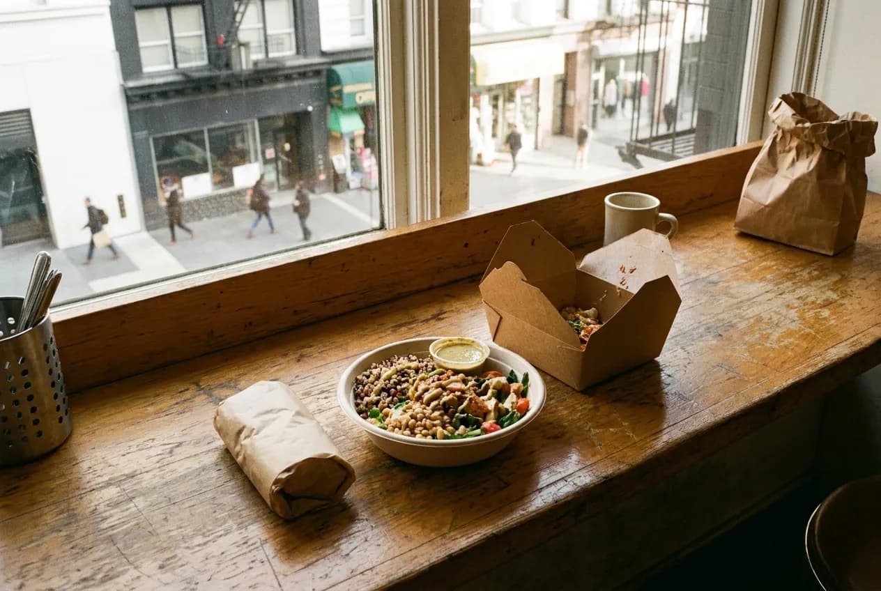 Overhead view of takeout lunch items on a New York counter
