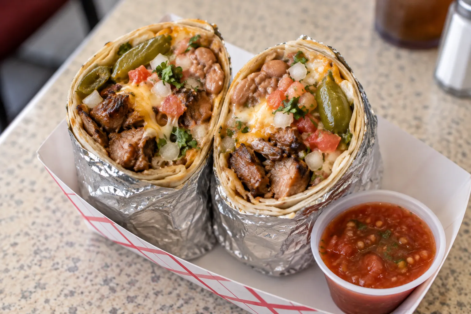 A foil-wrapped burrito cut in half on a paper tray showing beans, cheese and chopped meat with no rice, beside a small cup of red salsa