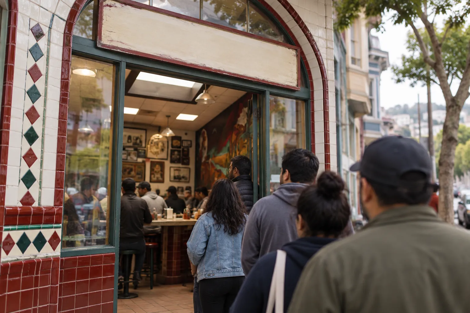 The tiled arched entrance of a Mission District taqueria with a hand-painted sign and a queue running along the pavement outside