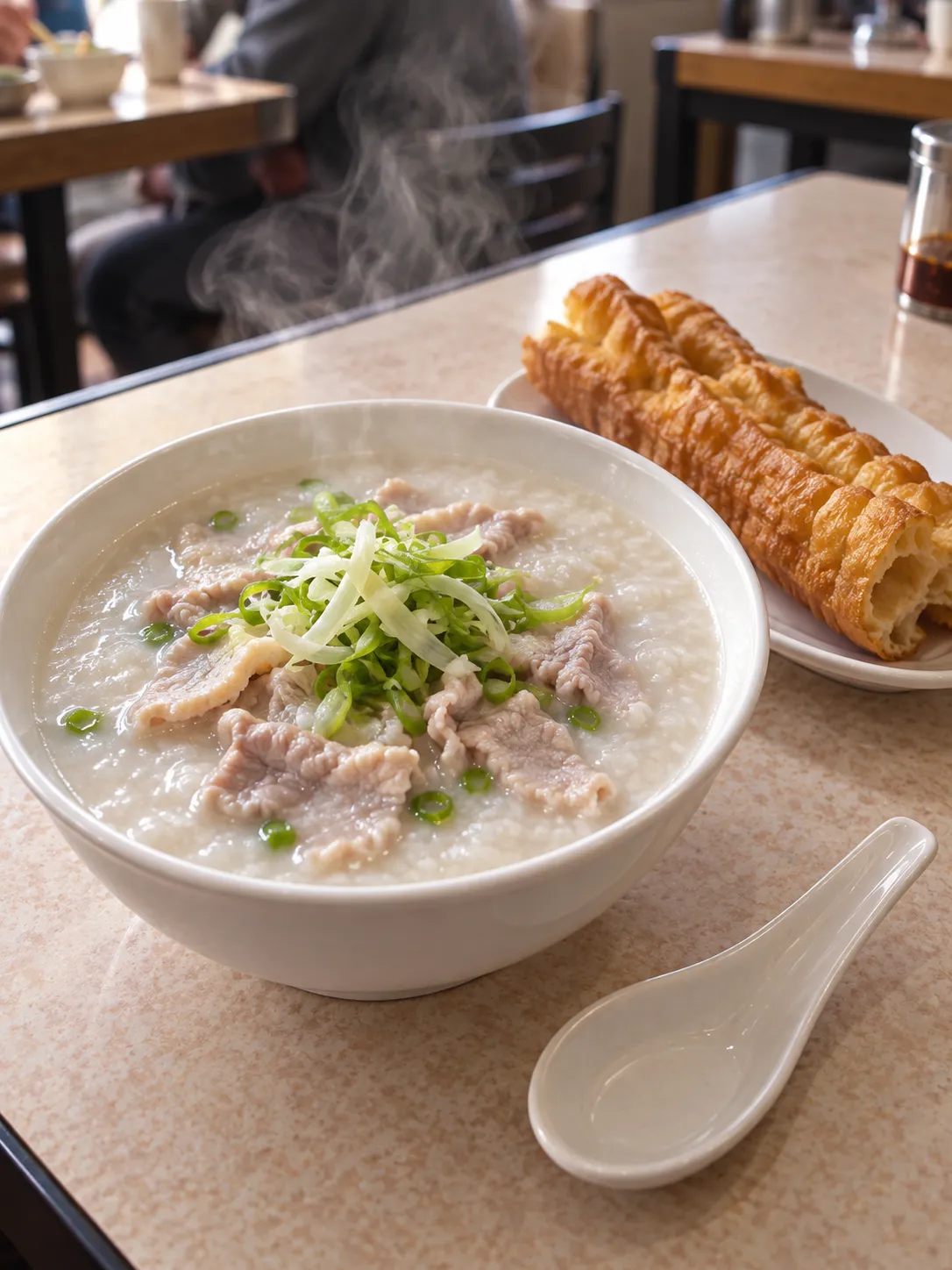 A bowl of thick rice porridge topped with sliced pork and spring onion beside a length of savoury fried Chinese doughnut on a laminate table