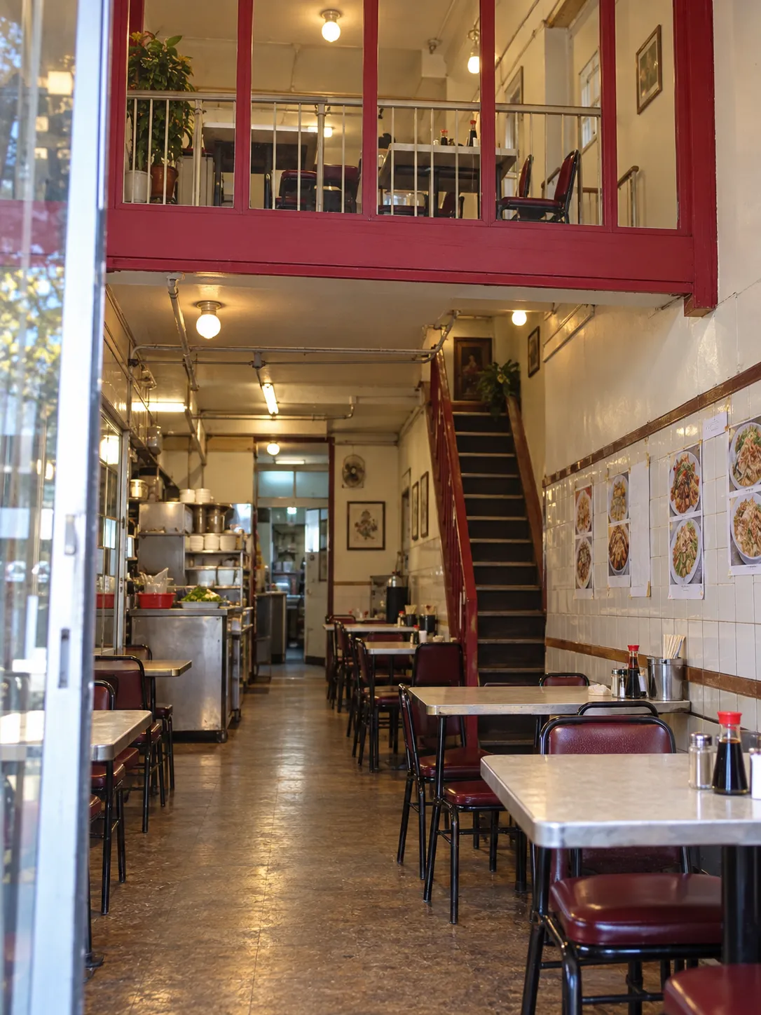 A narrow two-storey Chinatown restaurant interior with laminate tables, a steep staircase to the upper floor and paper menus taped to the wall