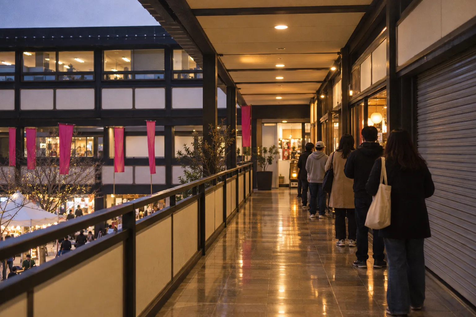 An upper-floor covered mall walkway in the evening, warm overhead light on polished tiles and a small queue waiting outside a shopfront at the far end