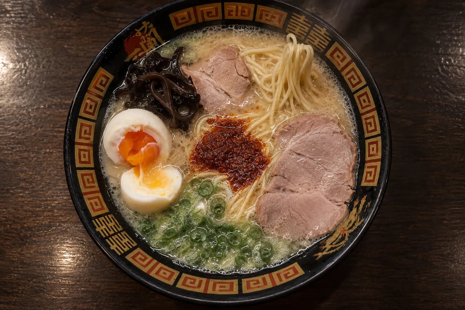 Overhead view of a deep bowl of opaque pale pork broth with very thin straight noodles, two slices of pork, half a soft-centred egg and spring onion