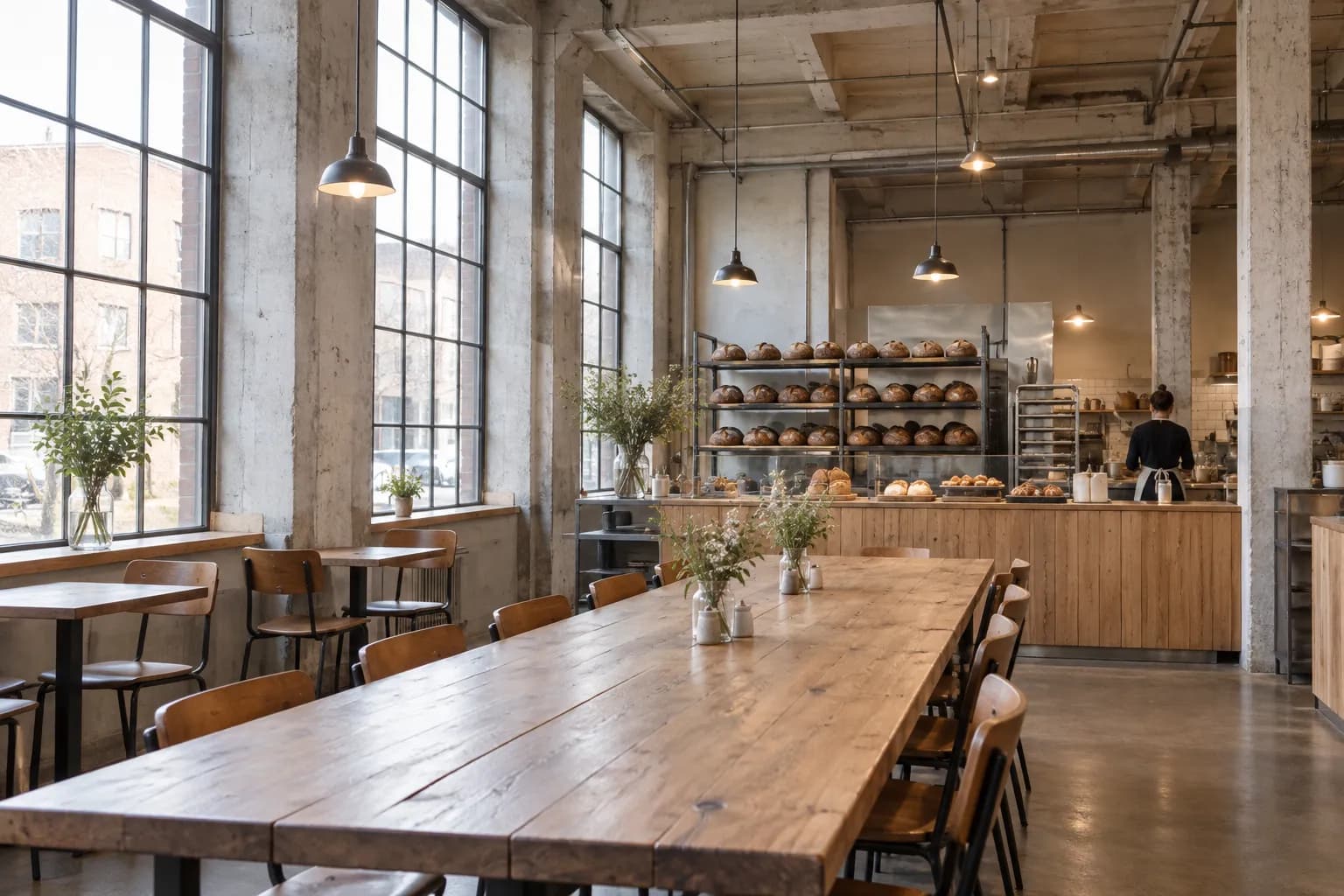 A converted-factory bakery dining room in early morning light, tall windows, an empty communal table and a rack of dark-crusted round loaves at the back