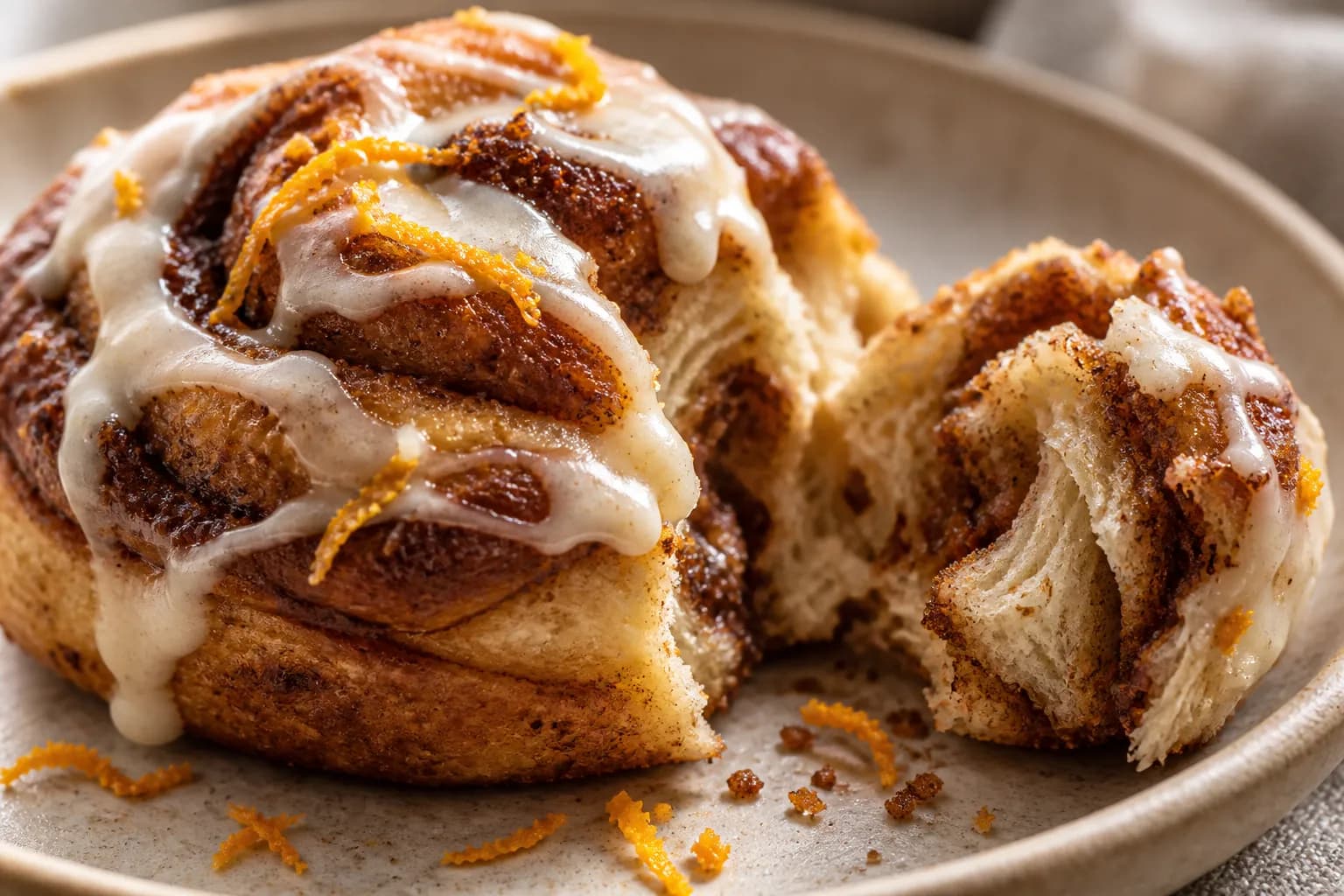 A close macro of a coiled cinnamon-sugar pastry on an unglazed ceramic plate, a second torn open beside it showing the soft interior coil and shreds of orange zest