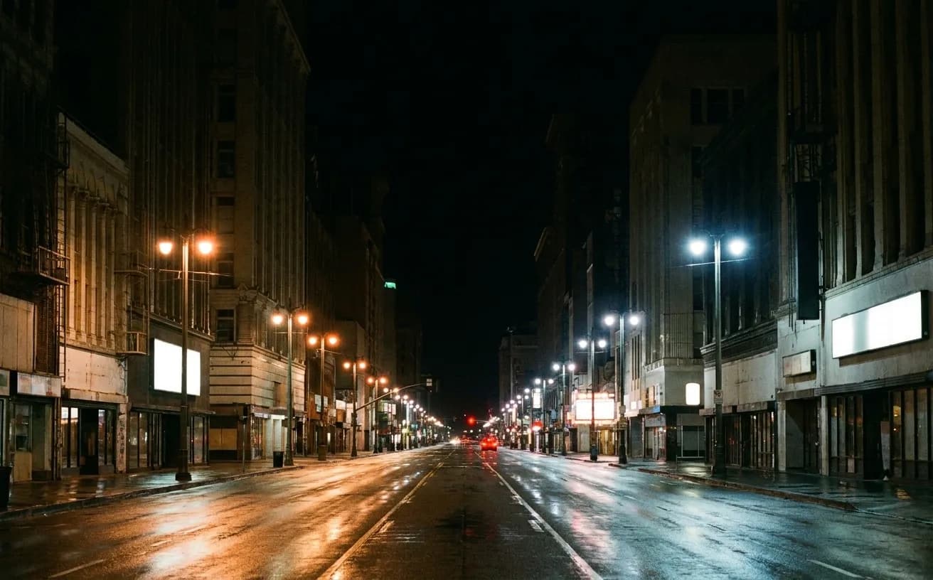 An empty wide Los Angeles boulevard late at night under street lighting with low commercial blocks on both sides