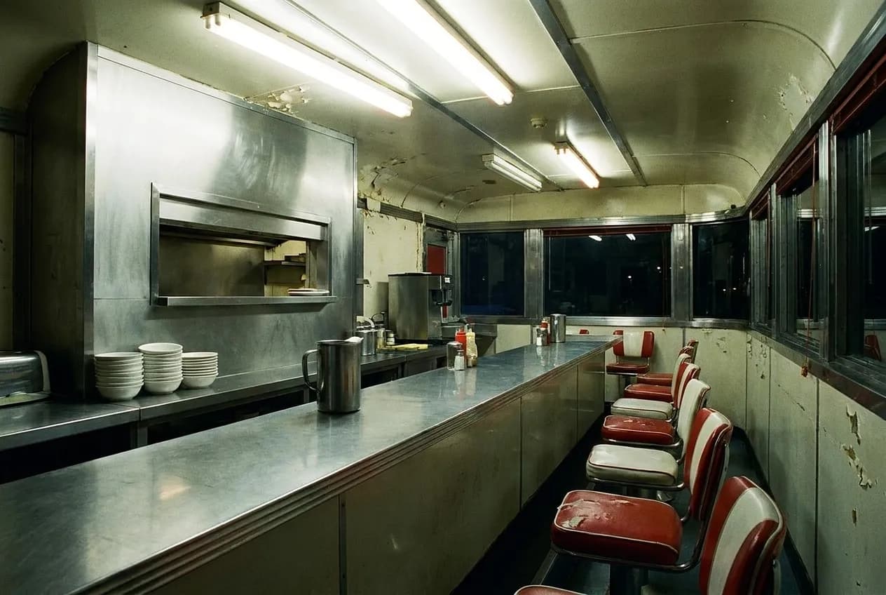 A brightly lit late-night counter with stainless surfaces, stacked bowls and empty stools under fluorescent light