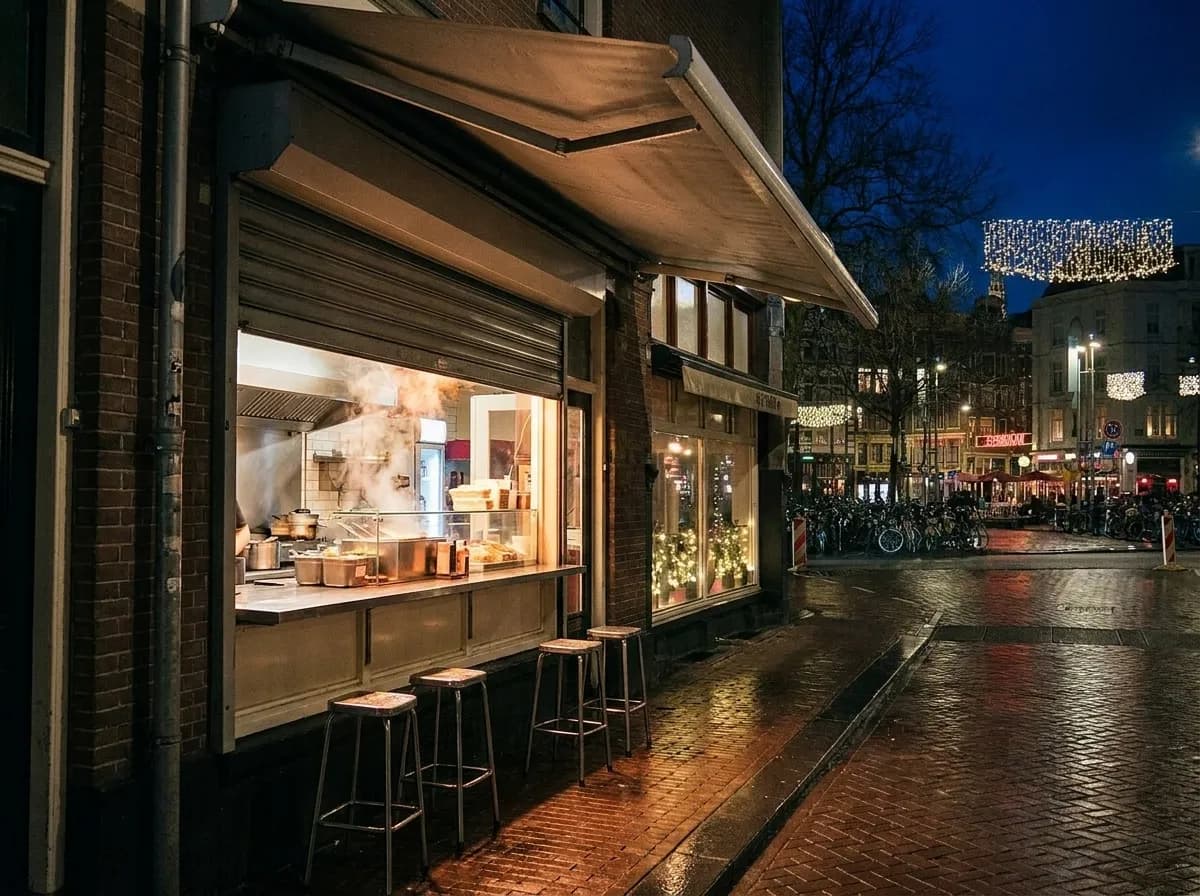 A brightly lit food counter window open onto a dark city sidewalk with empty metal stools and warm light spilling out