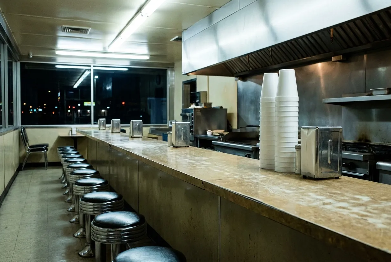 A brightly lit food counter window at night with a metal shutter half raised and empty stools outside