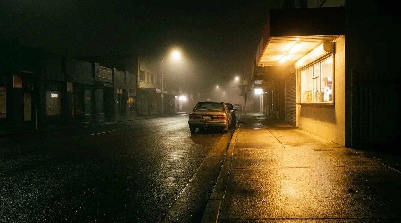 A damp empty pavement at night with warm light spilling from a takeaway window onto the wet ground