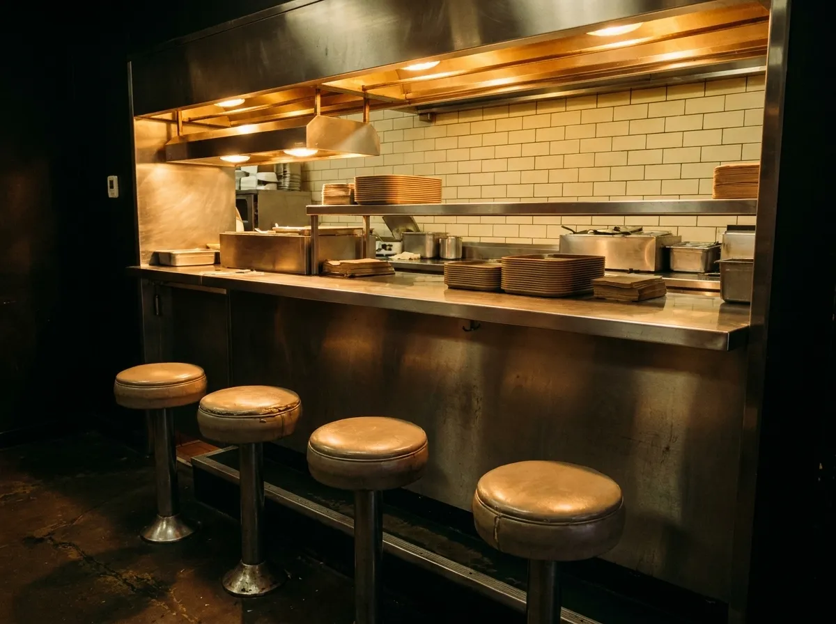 A late-night counter with warm lamps over a food service line and empty stools in the foreground