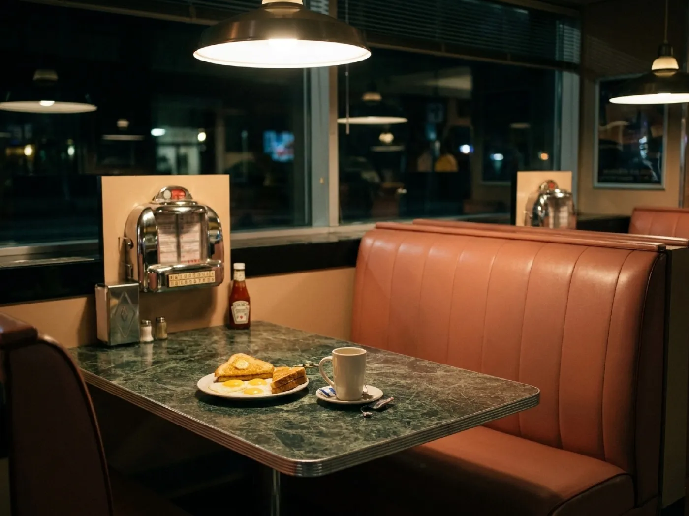 A diner booth table at night with a plate of eggs and toast, a coffee mug and a metal napkin dispenser under a hanging lamp