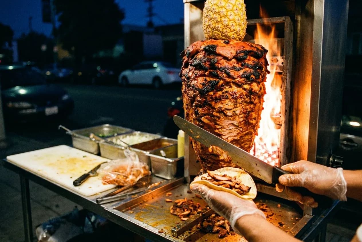 A vertical spit of pork glowing at a taco stand after dark