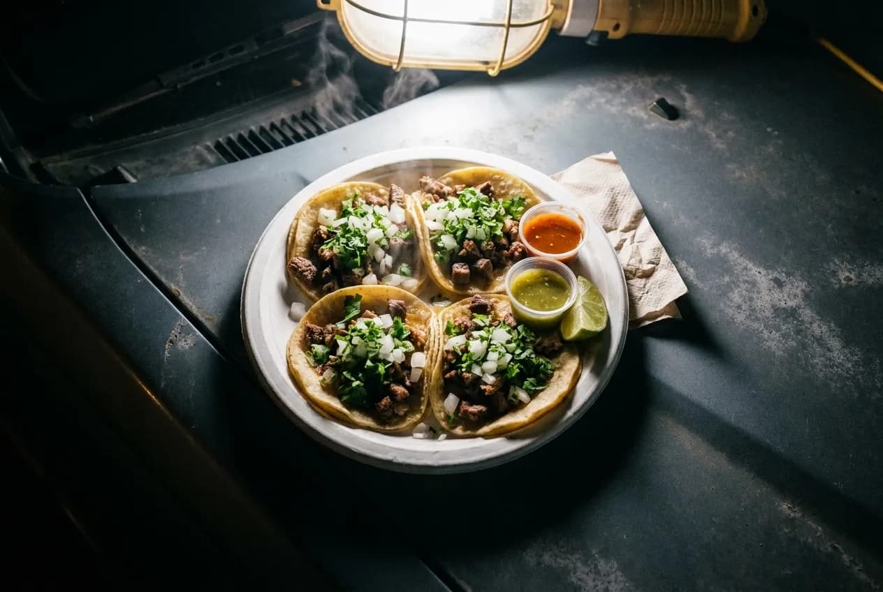 Four street tacos on a paper plate with salsa cups and lime