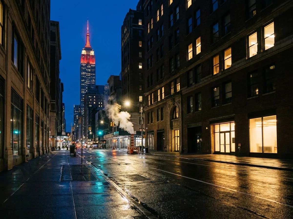 A wet Manhattan side street after midnight with one lit storefront reflecting warm light on black asphalt