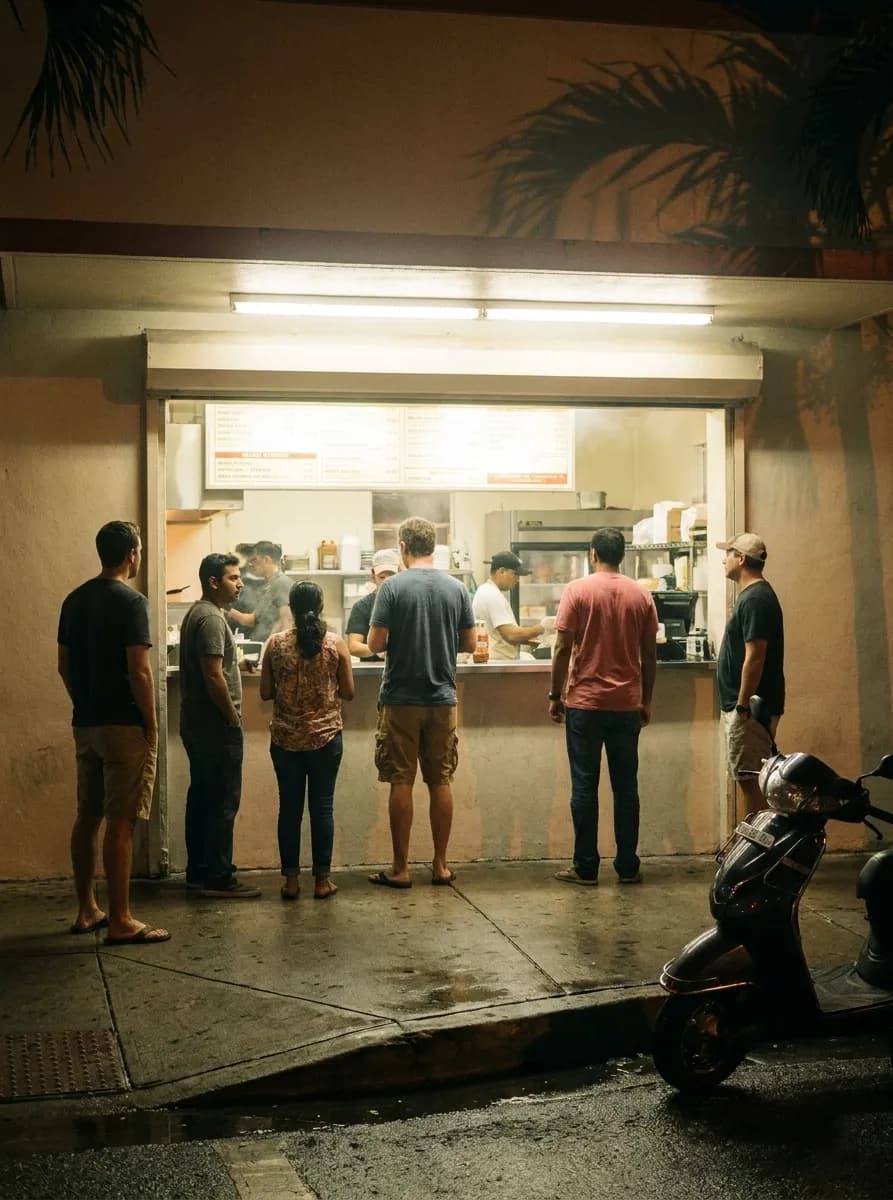 A brightly lit open-fronted Miami sandwich counter at three in the morning with six people waiting outside on the pavement