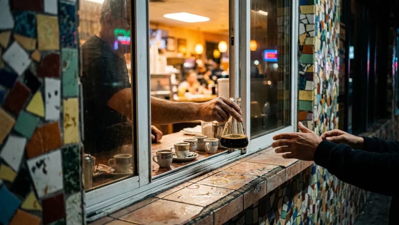 Thimble-sized cups and a small flask on the ledge of a Little Havana coffee window, one hand passing them out to two reaching in