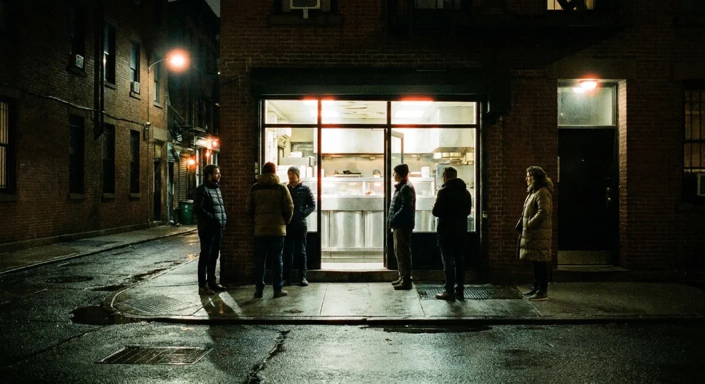 A brightly lit narrow takeaway front on a Greenwich Village street at two in the morning with five people waiting on wet pavement outside