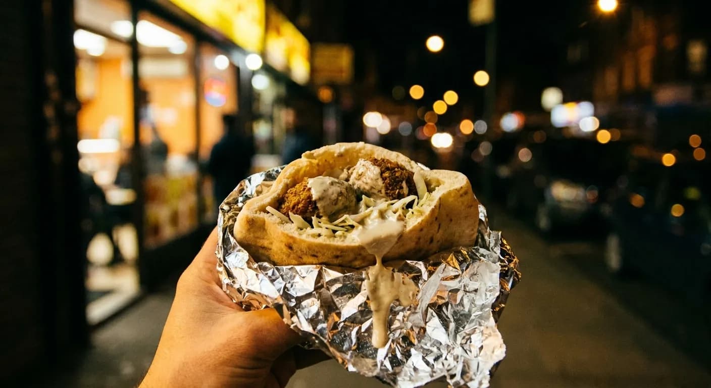 A foil-wrapped falafel sandwich half unwrapped in a hand at night, pita split open with fried patties, cabbage and tahini running onto the paper