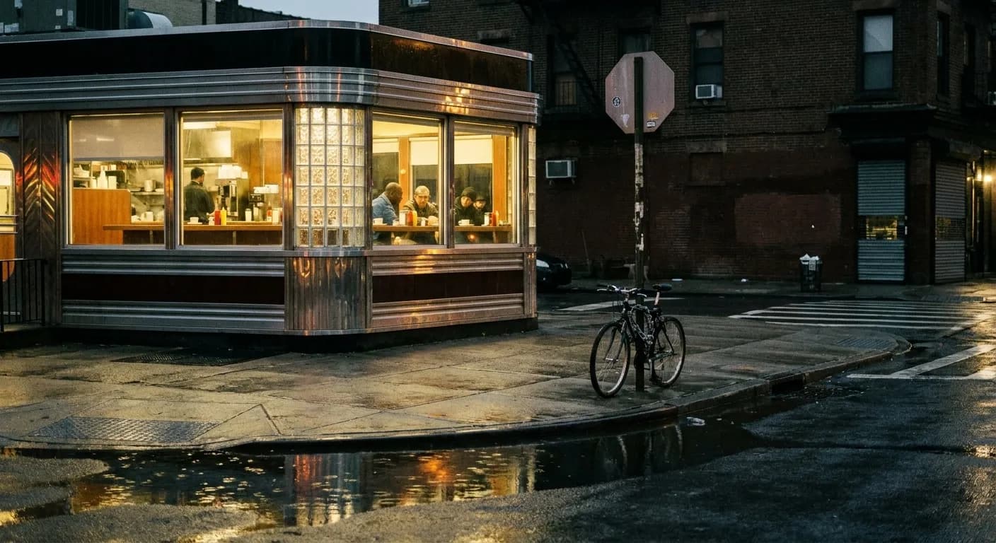 A chrome-and-glass corner diner glowing warm at three in the morning, a few people visible through the window at the counter