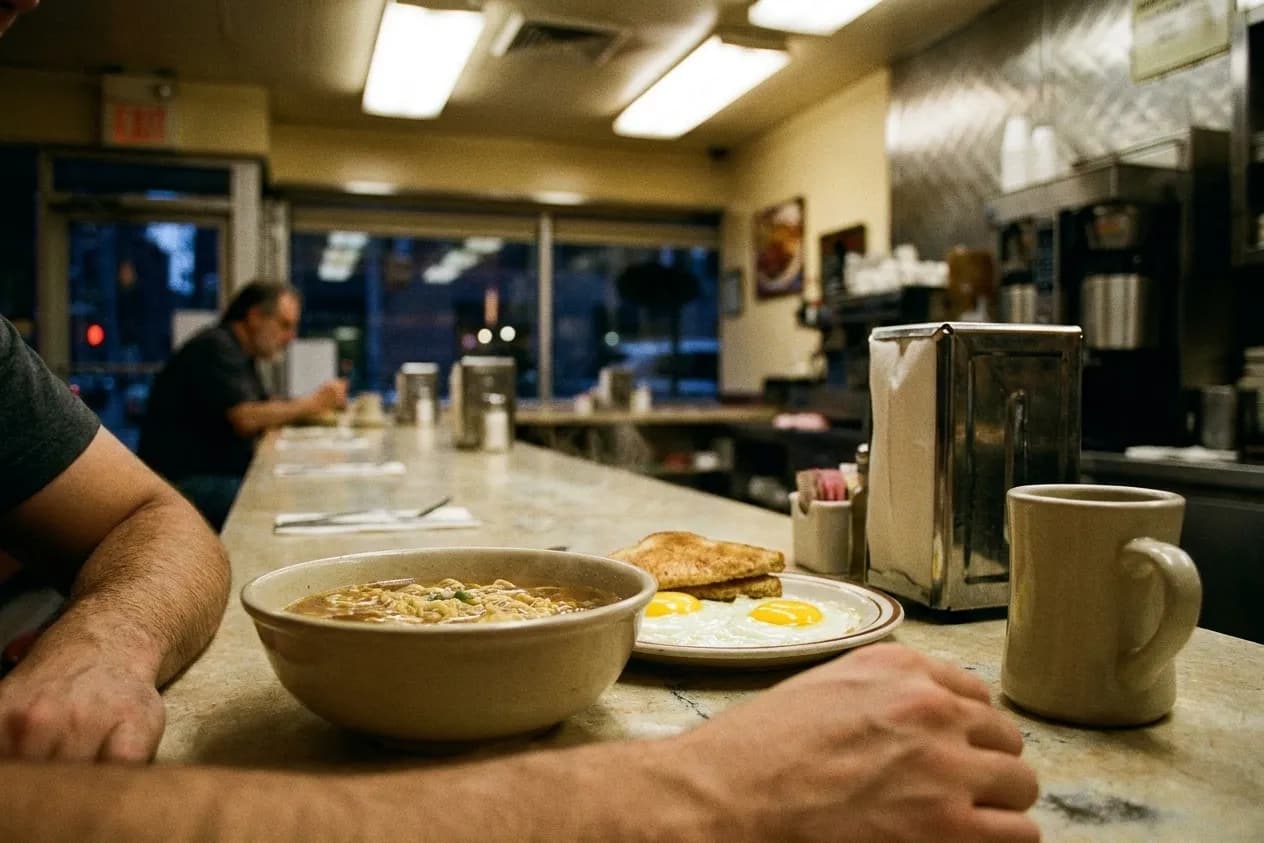 A steaming bowl and plate of eggs on a worn laminate counter under fluorescent light, with one other diner blurred behind