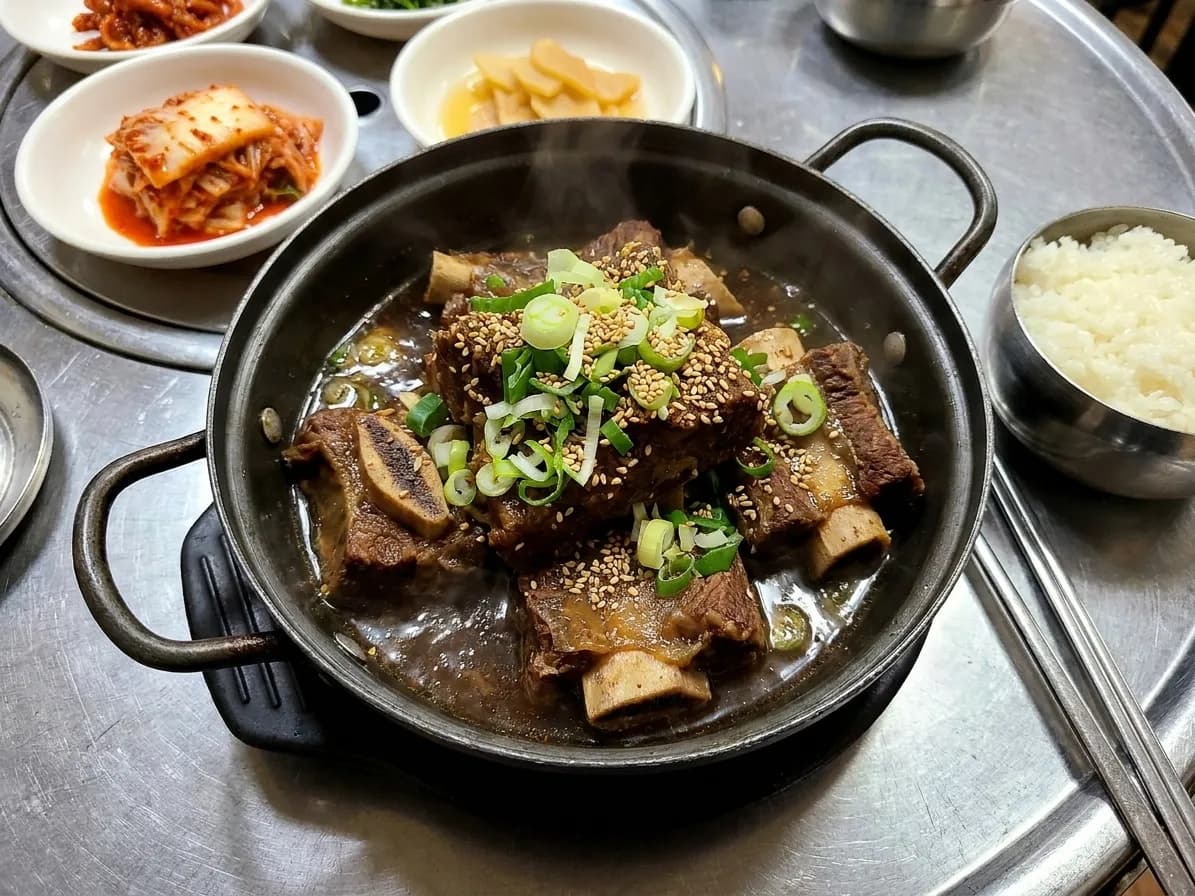 Overhead view of Korean braised beef short ribs in a heavy blackened steel pot, topped with sliced scallions and sesame seeds, surrounded by small white dishes of kimchi and pickled radish on a stainless steel restaurant table
