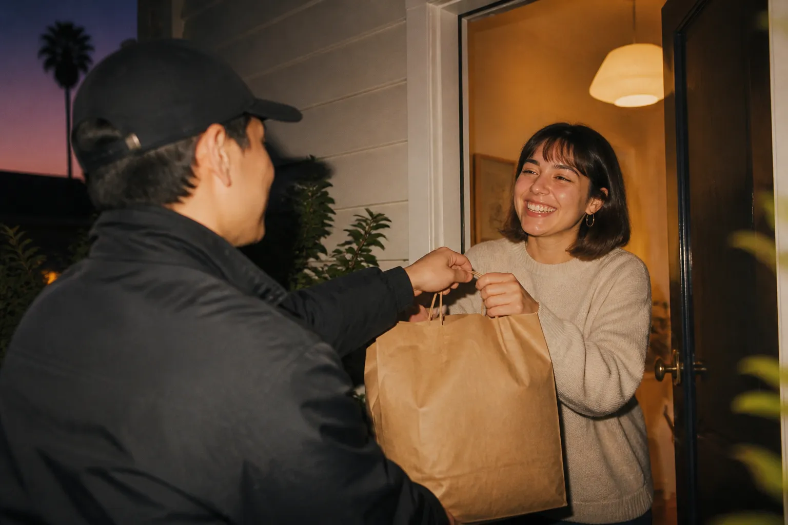 A delivery bag of food handed off on a doorstep at dusk