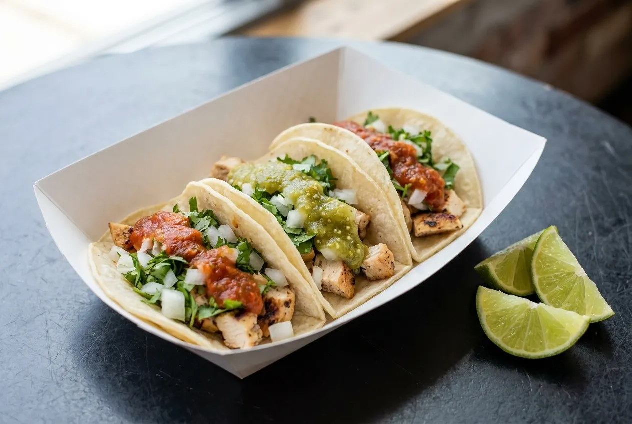 A tray of soft tacos with chopped onion and coriander beside lime wedges