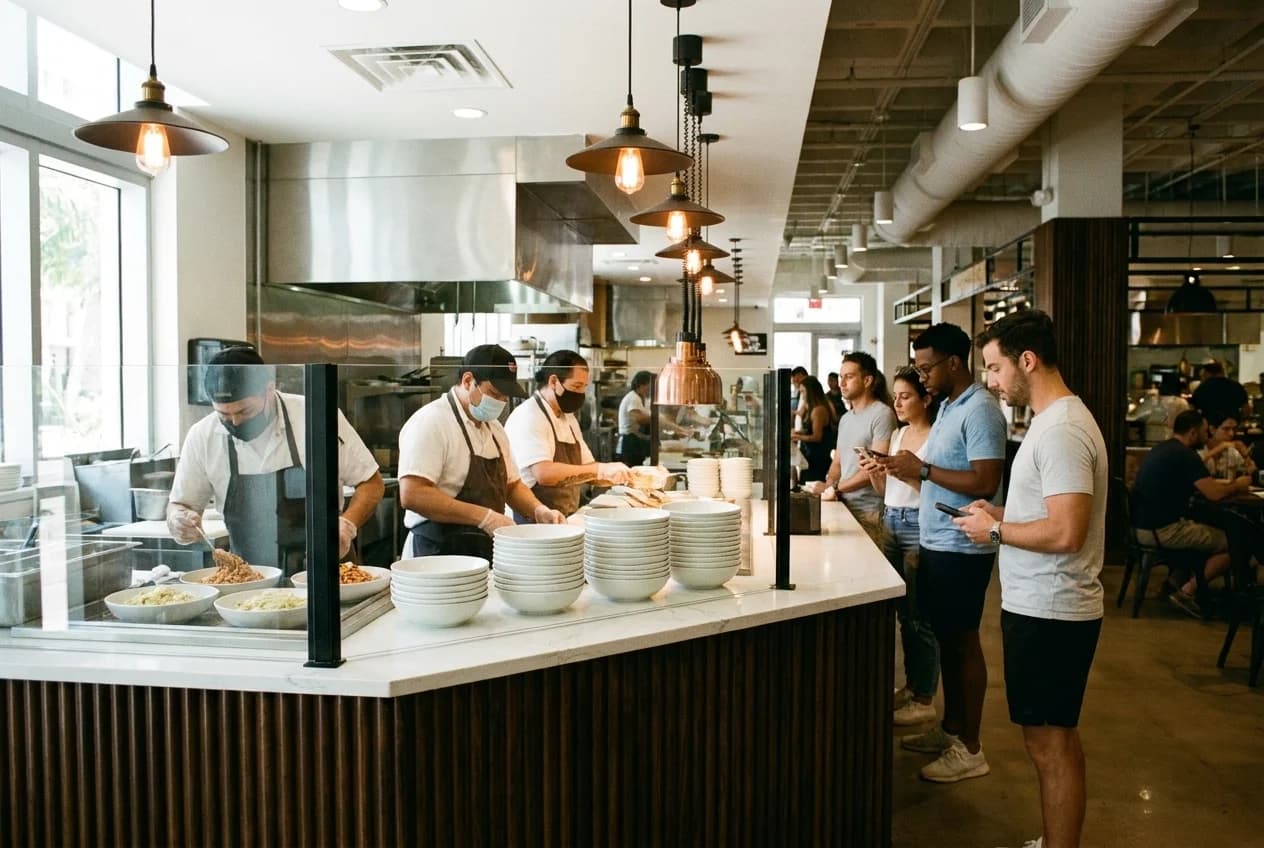 Food hall vendor counter with cooks plating behind glass, pendant lights, and customers queuing to order