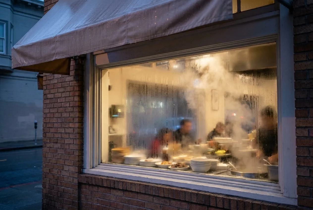 A neighbourhood restaurant window with steam on the glass
