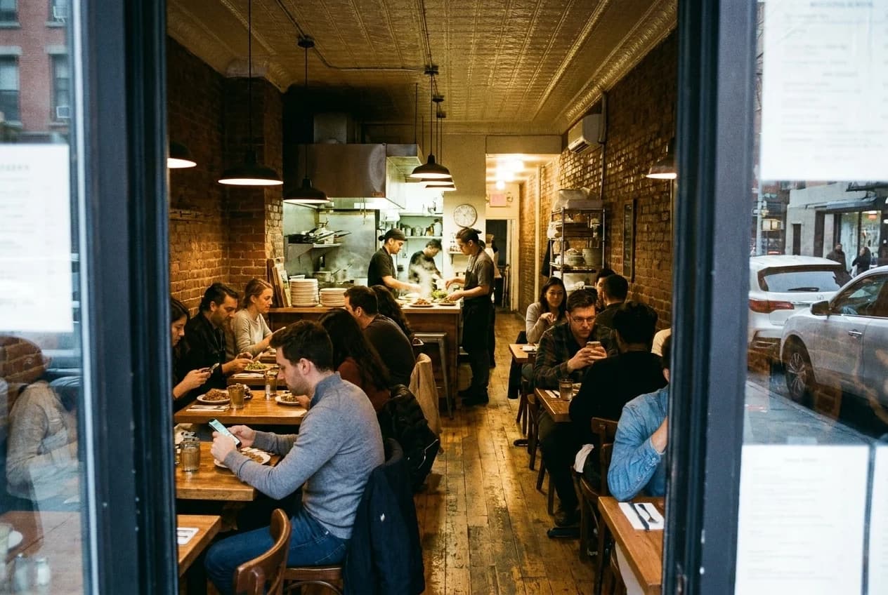Narrow macrobiotic restaurant interior with wooden tables and open kitchen in East Village
