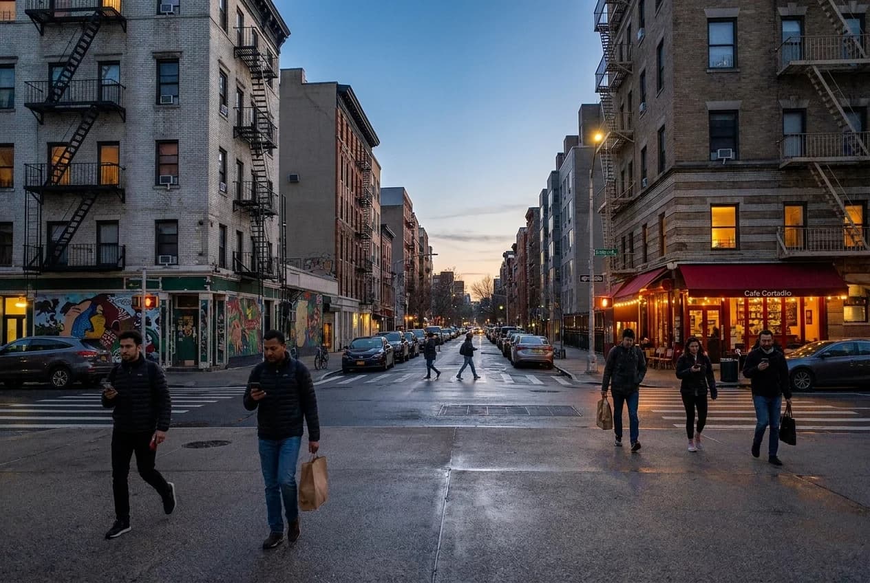 East 6th Street and Avenue A intersection at dusk with lit storefronts in East Village