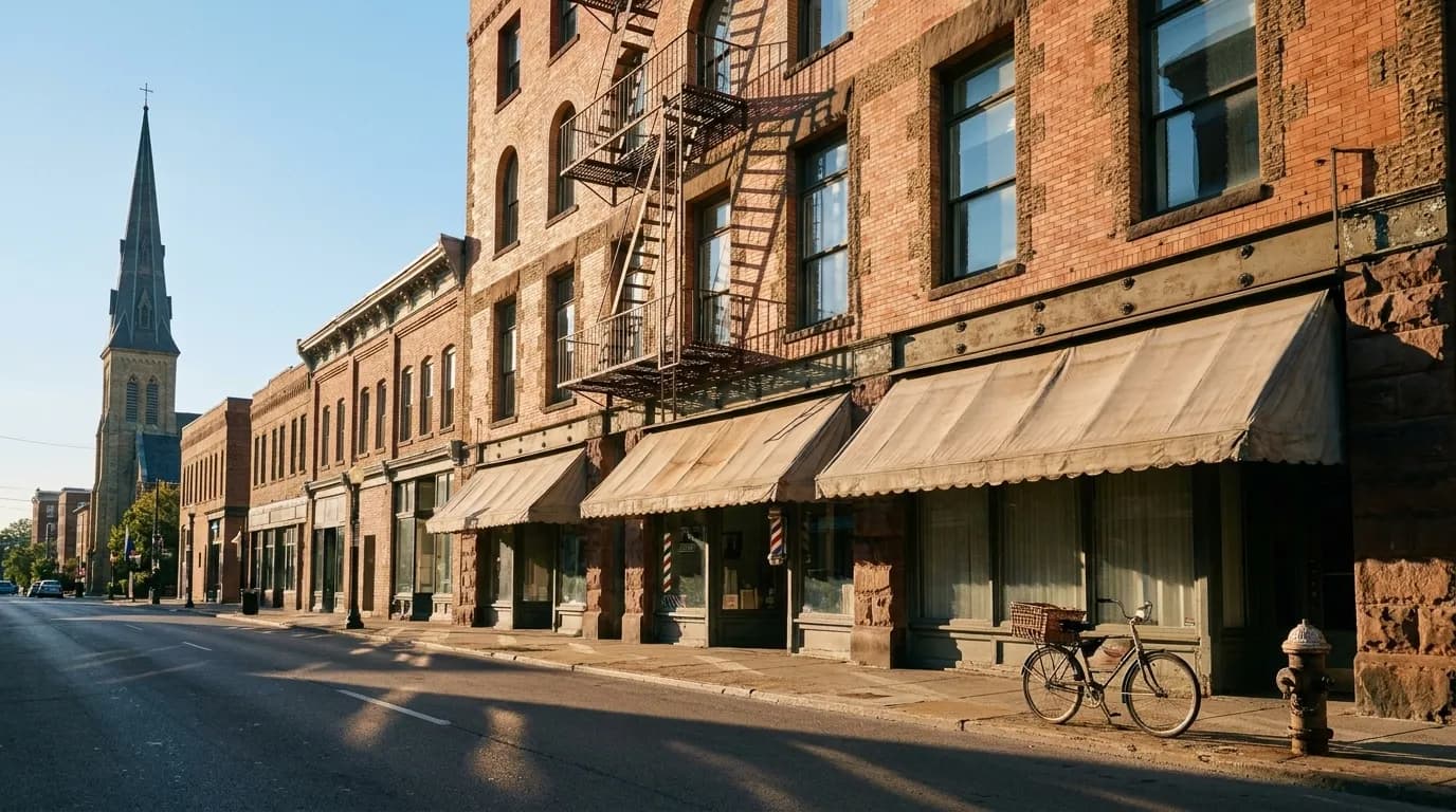 A wide avenue of low brick storefronts with awnings and a church spire in the distance