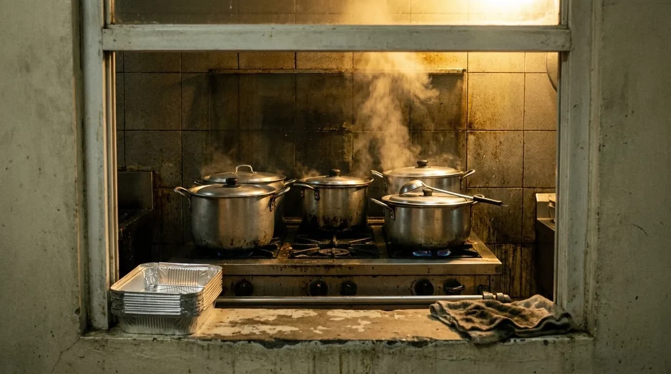 A steam-filled kitchen window with covered pots on a range and a stack of foil trays