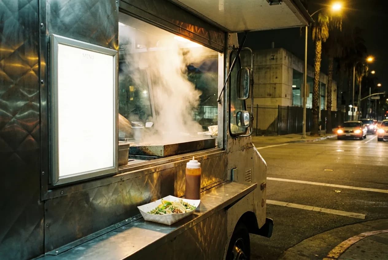 A taco truck window at night with steam rising and a lit menu board left blank