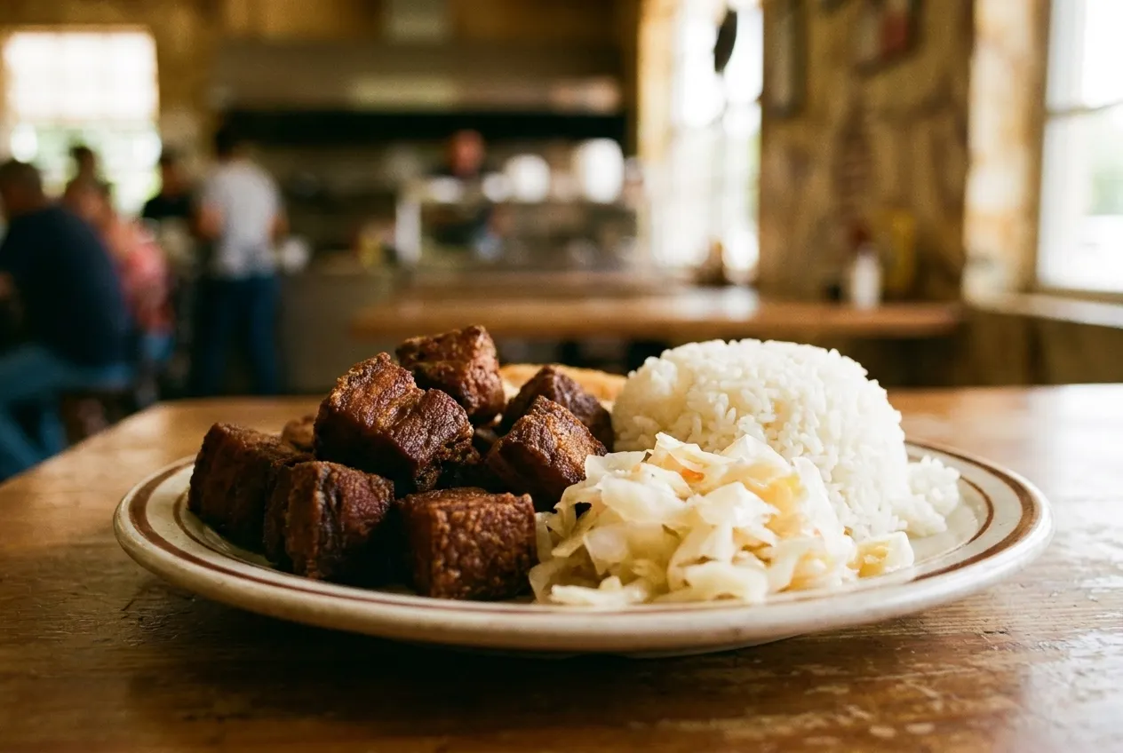 A plate of dark fried pork cubes beside white rice and a mound of pale pickled cabbage slaw, photographed close under warm indoor light
