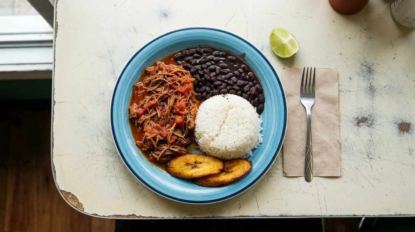 A plate of shredded beef with black beans, white rice and fried plantain on a diner counter