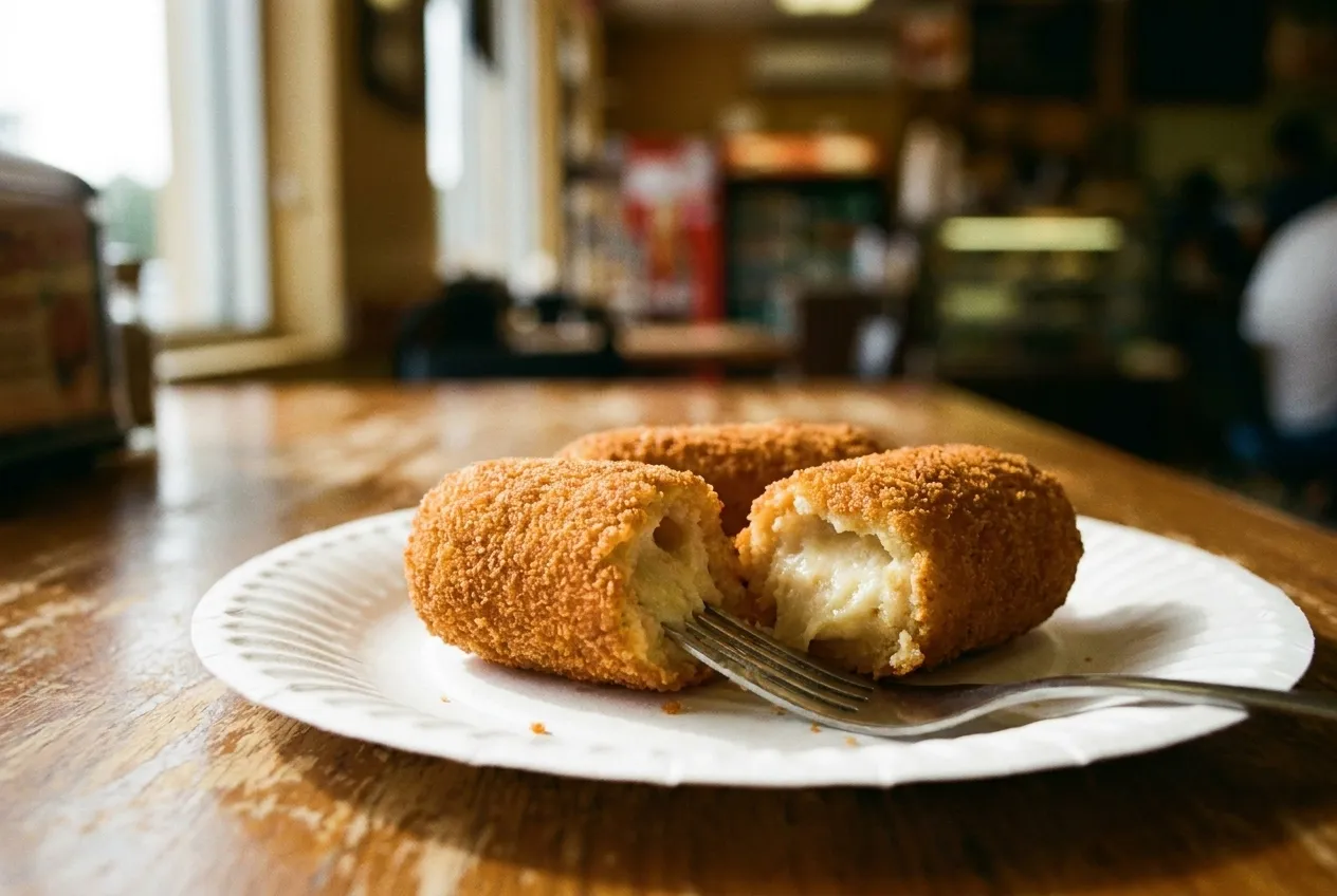 Golden fried croquettes on a paper plate under warm light, one broken open to show the pale filling inside