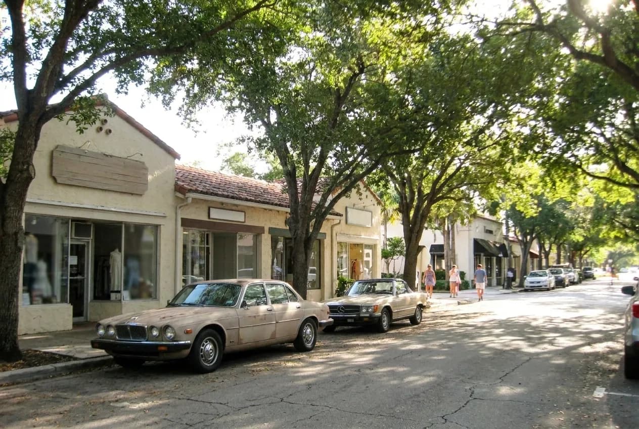 A shaded low-rise street of small shopfronts under mature trees in Coral Gables, dappled light on the pavement and parked cars along the kerb