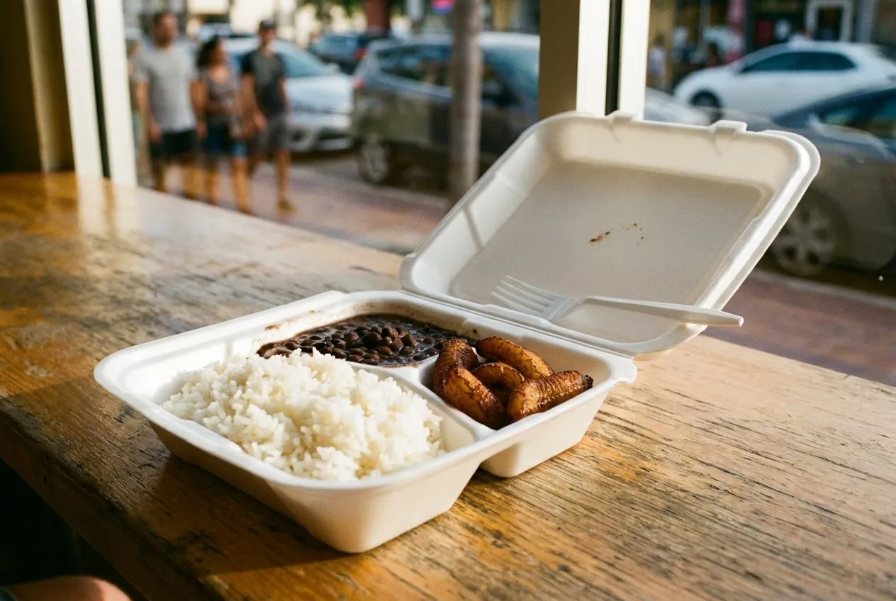 An open foam takeaway container on a table, white rice, black beans and fried plantain divided into compartments, plastic fork resting on the lid