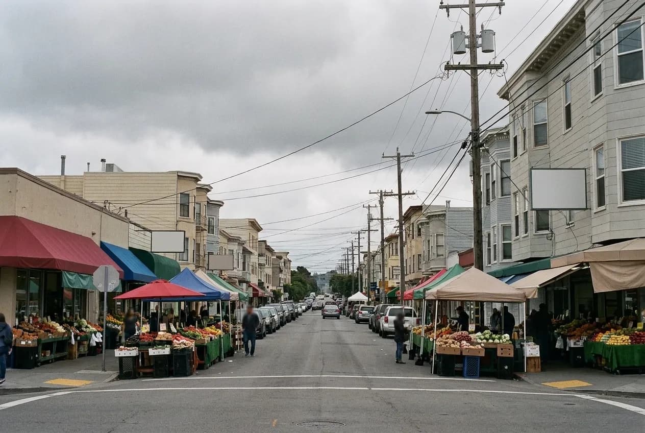 A busy low-rise commercial street with produce stalls and awnings under grey sky in San Francisco