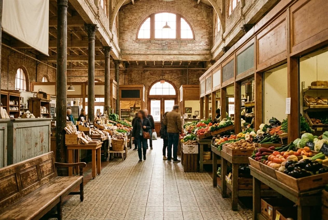 A long arcaded market hall with produce stalls down both sides, daylight falling through high windows onto a tiled floor